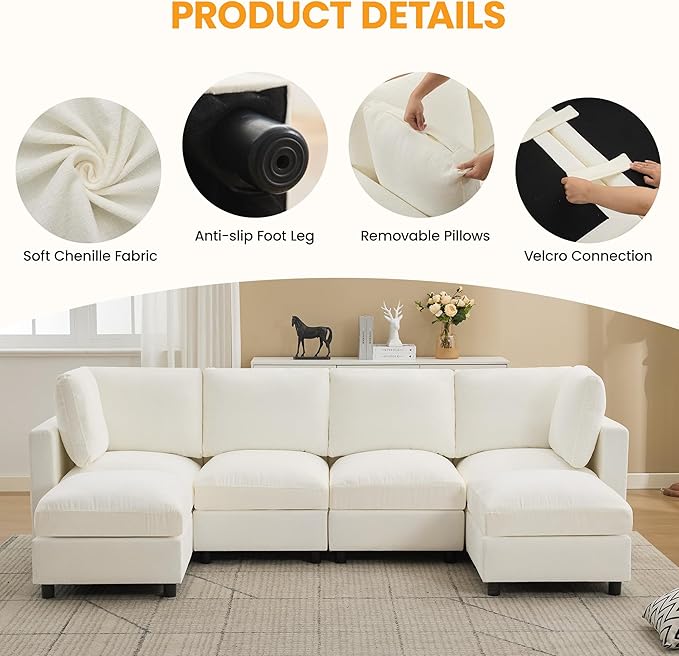 116'' 4-Seater Modular Sectional Cloud Sofa with Ottoman, Convertible L-Shaped Couch for Living Room, Modern Deep Seat Modular Sofa, Chenille Beige