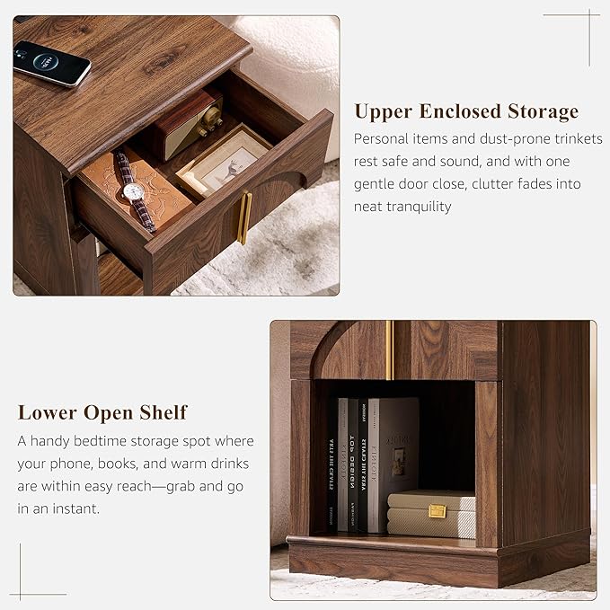 ACCOHOHO Modern Night Stand with Arched Panel,18" Wooden nightstand with Charging Station,Bedside Table with Drawer Storage,Side End Table with Open Shelf for Bedroom,Living Room,Brown