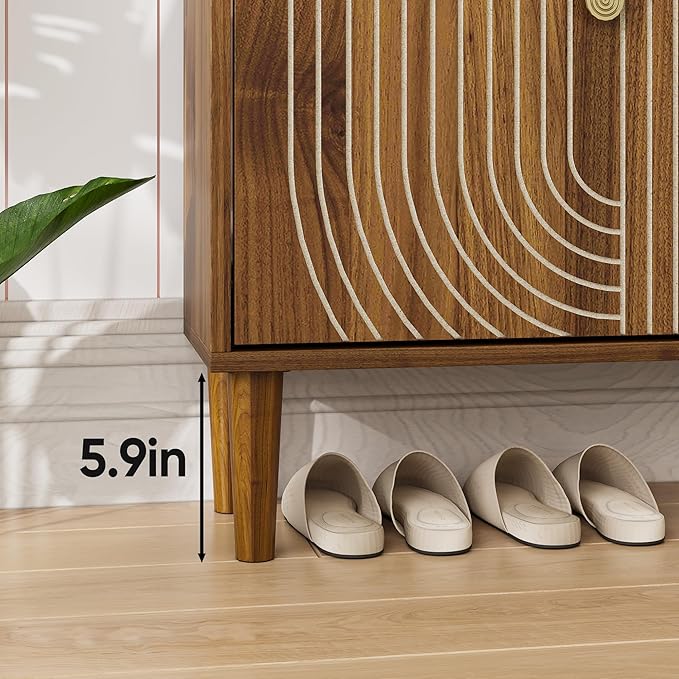 Vibe & Dine Modern Shoe Cabinet with 2 Flip Drawers & Gold Handles, Slim Space-Saving Entryway Shoe Storage Organizer, Freestanding Wood Shoe Rack Cabinet for Hallway, Bedroom, Living Room, Brown