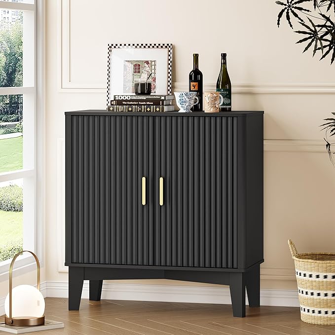 Storage Cabinet with Doors and Adjustable Shelf, Modern Fluted Sideboard Buffet Cabinet, Freestanding Coffee Bar for Kitchen, Pantry, Entryway, Living Room (Black)