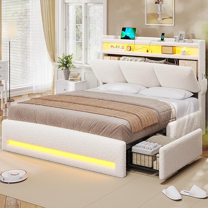 VIAGDO Queen Bed Frame with Storage Headboard and Charging Station, Boucle Upholstered Bed Frame Queen Size with 4 Drawers and LED Lights, Type C and USB, No Box Spring Needed, Cream White