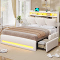VIAGDO Full Size Bed Frame with Storage Headboard and Charging Station, Boucle Upholstered Bed Frame Full Size with 4 Drawers and LED Lights, Type C and USB, No Box Spring Needed, Cream White