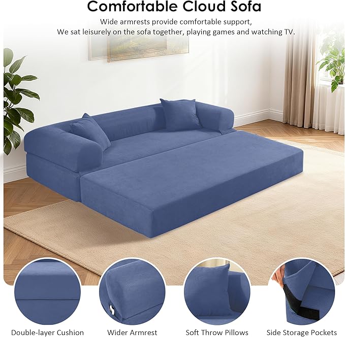 80" Convertible Sofa Bed, Corduroy Deep Seat Folding Pull Out Couch with Pillows, No Assembly Modern Boneless Couch Compression Sofa in Box, Floor Sofa with Storage Pocket,Dark Smog Blue