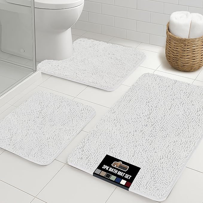 GORILLA GRIP Bathroom Rug Sets 3 Piece, Bath Mat Set and Oval Toilet Base with Rubber Backing, Plush Absorbent Shaggy Chenille Washable Mats, Includes 24x19.5, 24x17 and 30x20 Inch Rugs, White