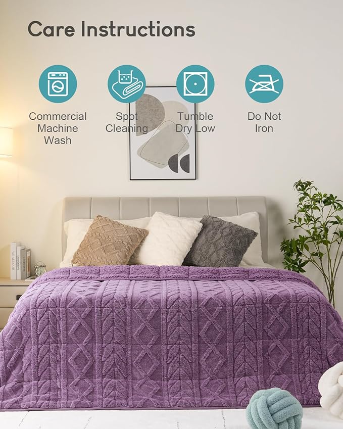 Cottonblue Jacquard Weighted Blanket 15 lbs for Adults Queen Twin Full Size, Fuzzy Sherpa Fleece Weighted Throw Blankets 60x80 in for Relax & Sleep, Cozy Heavy Bed Blankets with Cemaric Beads, Purple