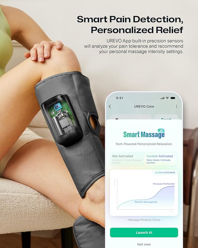 UREVO Smart Calf Massager with AI Massage Adaptation, Air Compression – Cordless Leg Massager for Circulation, Relaxation & Leg Sculpting – 3 Modes & 3 Intensities, Adjustable Heat, Long Battery