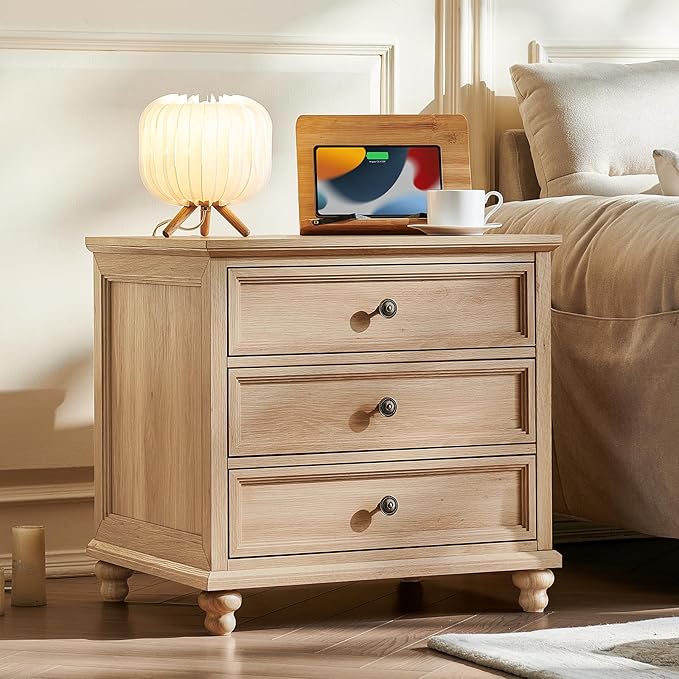24" Wide Farmhouse Night Stand Set of 2,Large End Table with 3 Drawers & Metal Handle,Natural Wood Dresser for Bedroom Cabinet, Bed Side Table Chest of Drawers,Nightstand for Living Room