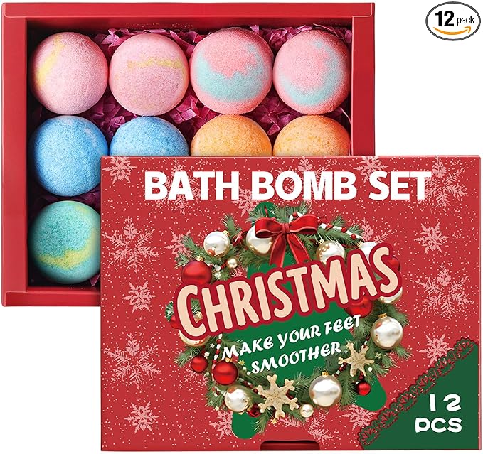 12-Pack Bath Bomb Set for Men & Women, Christmas Aromatherapy Spa Bombs with Essential Oils, Giftable Bath Essentials for Relaxation & Self Care