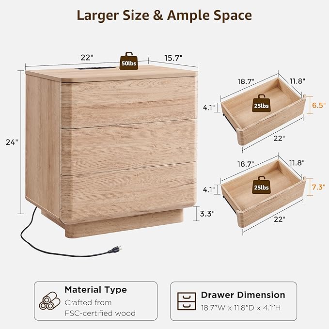 ACCOHOHO 22" Modern Nightstand with Charging Station, Push-to-Open Handleless 3-Drawer Bedside Table, Large End Table with Storage, Night Stand for Bedroom, Living Room, Curved Profile, Natural Oak
