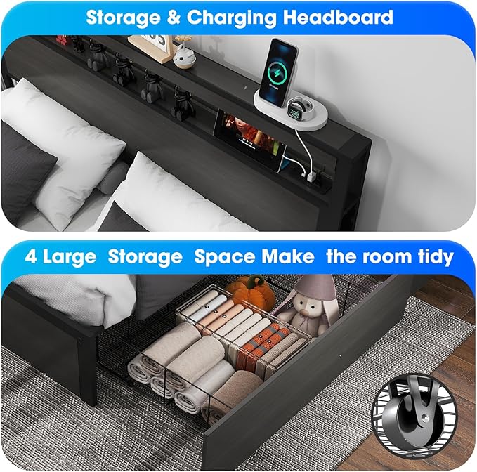 Queen Bed Frame with Storage Headboard and 4 Drawers, Metal Platform Bed Frame with LED Light, Charging Station, No Box Spring Needed, Noise Free, Easy Assembly,Charcoal Grey