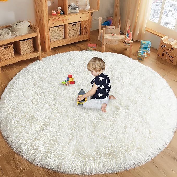 Round White Rug for Bedroom, 5 ft Circle Area Rugs for Living Room, Soft Fluffy Shag Carpet for Teen Girls Boys Nursery Room Dorm Home Decor Aesthetic