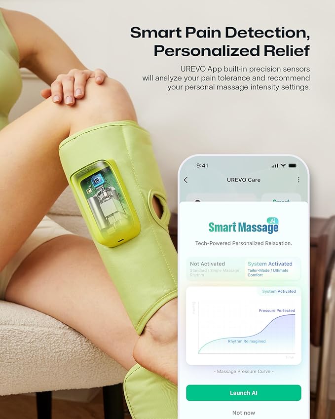 UREVO Smart Calf Massager with AI Massage Adaptation, Air Compression – Cordless Leg Massager for Circulation, Relaxation & Leg Sculpting – 3 Modes & 3 Intensities, Adjustable Heat, Long Battery