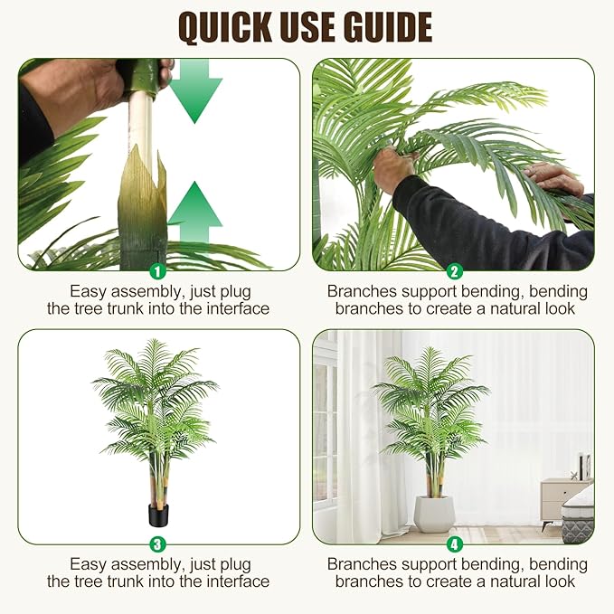 5ft Tall Triple Golden Cane Palm Artificial Tree Large Tropical Palm Tree UV Resistant Fake Plant in Pot for Indoor Outdoor Big House Living Room Outside Patio Office Home Decor 2Pack
