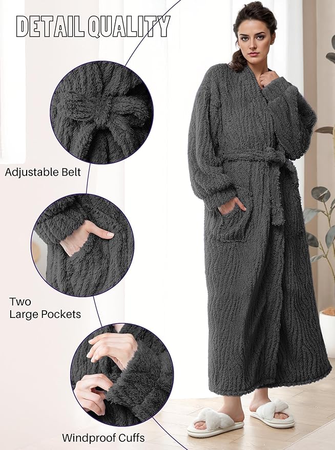 Artfasion Womens Long Fleece Robe - Warm Soft Floor Length Flannel Bathrobes for Winter Thicker Long House Coat with Pockets
