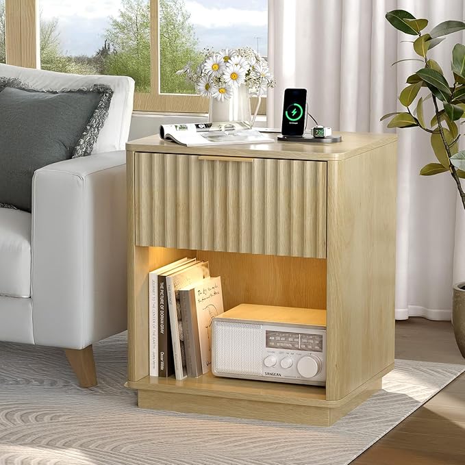 VINGLI Nightstands Set of 2 with Charging Station, LED Nightstand Fluted with Rounded Edge, 19"W Mid Century Modern Nightstand for Bedroom, Fluted Bed Side Table, Oak Night Stand, 18.9"W*15"D*22.4"H