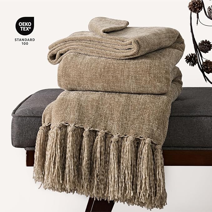EVERGRACE Soft Chenille Throw Blanket for Couch, Cozy Plush Fuzzy Decorative Chenille Knit Throw Blanket with Tassels, Lightweight Blanket and Throws for Bed Sofa Gift Home Decor, Beige 60"x80"