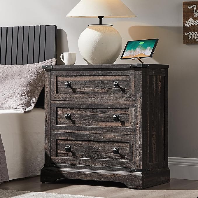 T4TREAM 32" Farmhouse Nightstand with Charging Station, Large End Table with 3 Storage Drawers, Rustic Wood Bedside Table for Bedroom, Living Room, Dark Rustic Oak