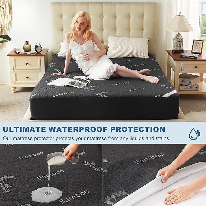 BEDLORE Queen Size Waterproof Mattress Protector Viscose Derived from Bamboo, Soft Mattress Cover Fitted with Deep Pocket 6"-18", Breathable & Cooling Noiseless Mattress Pad, Machine Washable(Gray)