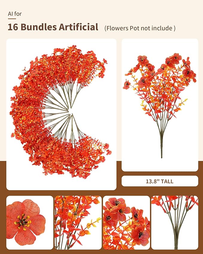 Artificial Fall Flowers Faux Mums for Outdoor Planters,Orange Red 16 Bundles Silk Fake Plants UV Resistant for Outside,Autumn Decorations for Porch,Pot,Window Boxes,Front Yard,Thanksgiving Home Decor