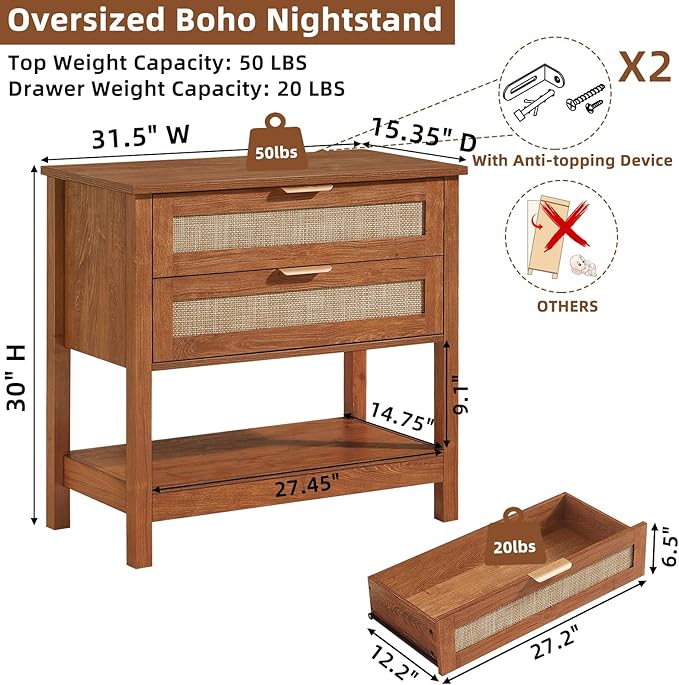 LEYAOYAO 31.5" Wide Rattan Night Stand, Oversized Large Boho Nightstand with 2 Drawer, Tea Brown Bed Side End Tables with Storage Shelf, Tall Bedside Table for Bedroom Living Room, Hallway