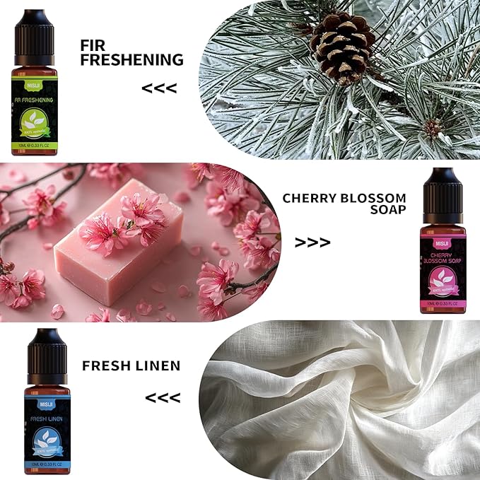 Housekeeping Essential Oils Set for Diffuser,Pure Aromatherapy Oil for Diffuser,Candle Making,Natural Soap Scent,Cherry Blossom Soap,Fresh Mint,Fresh Linen,Air Freshener,Extra Clean