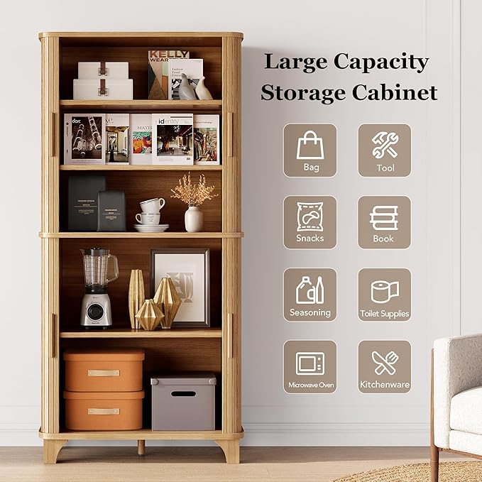 69" Tall Kitchen Pantry Storage Cabinet with Sliding Door, Modern Curved Edge Pantry Storage Cabinet with 5 Shelves, Cupboard for The Kitchen, Dining Room, Bedroom, Living Room, Office (Oak)