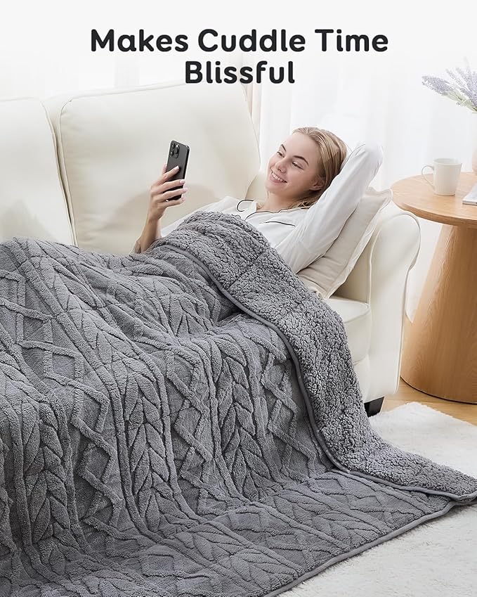 Sivio Weighted Blanket Full Size 15 lbs for Adults, Sherpa Fleece Weighted Blanket Jacquard Heavy Blanket for Sleeping, Reversible Super Soft Warm Cozy Fluffy Blanket for Adult, 48 x 72inches, Grey