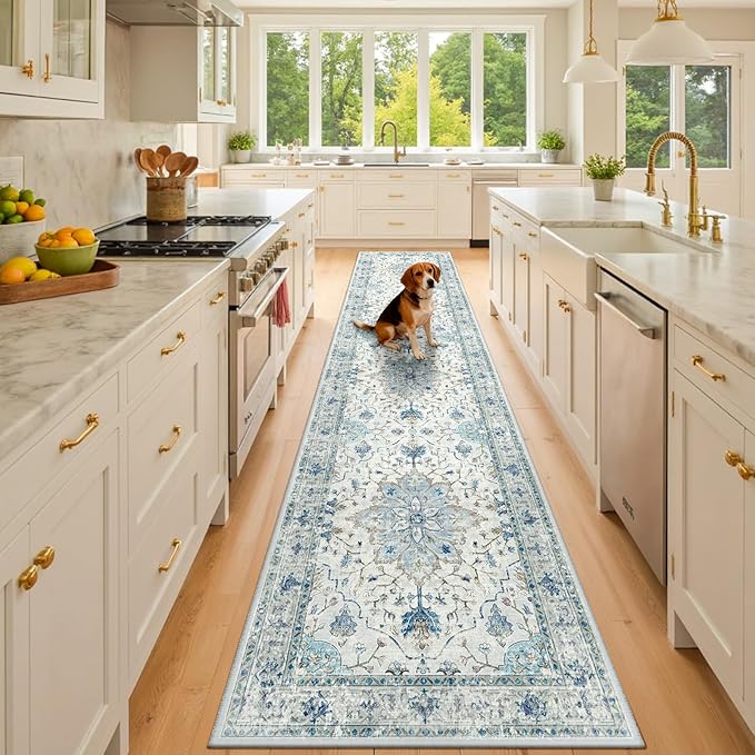 Area Rugs 2'x10' Washable Non-Slip, Floral Vintage Distress Print Pattern Medallion Carpet for Living Room Bedroom Dining Room, Light Blue Navy Beige Gray White