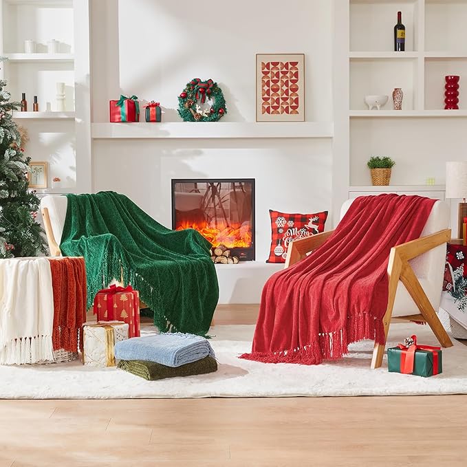CozeCube Chenille Throw Blanket for Couch, Cozy Plush Fuzzy Decorative Christmas Green Blanket with Fringe Tassels, Lightweight Throws for Bed Sofa Gift Home Decor, 60"X80"