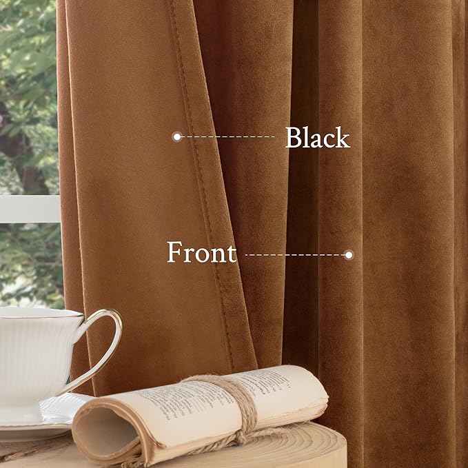 LAMIT Velvet Curtains for Living Room 96 Inches Long, Mid Century Thermal Blackout Curtains Room Darkening Back Tab and Rod Pocket Panels for French Country, 2 Panels, Bronze Brown, 52 x 96 Inch
