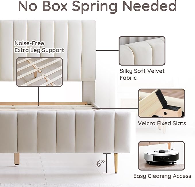 Livinia King Size Elton Velvet Platform Bed, Upholstered Bed Frame with Vertical Channel Tufted Headboard Footboard, Strong Wood Slats, No Box Spring Needed, Ivory (King)