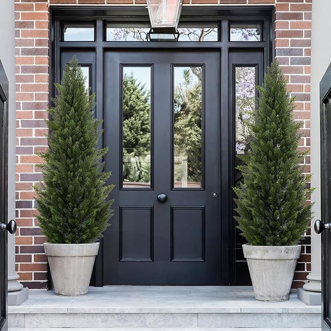 Outdoor Artificial Cedar Topiary Tree, Faux Evergreen Shrubs for Front Porch Decor, Lifelike Fake Bushes Plants for Home Living Room Front Door Decor (2, 6ft)