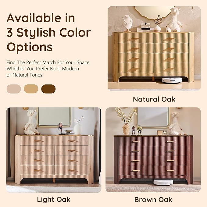 Fluted 8 Drawer Dresser for Bedroom with Curved Profile, Reeded Front Panels, 53.9” Wide Chest of Drawers Storage Cabinet with Smooth-Glide Drawers for Living Room, Light Oak
