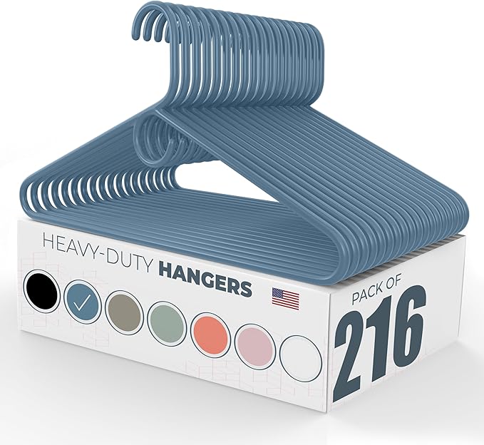 Neaties Heavy Duty Clothes Hangers 100+ Pack (216 Count) – Made in The USA – 8lb Capacity Plastic Hangers for Adult Clothing – Durable for Pants, Coats, Jackets, or Jeans – Blue