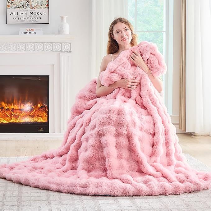 Pink Faux Fur Throw Blanket Soft Plush Fluffy Bubble Texture Cozy Blanket for Couch Bed Sofa Warm Thick Luxury Home Decor Gift for Women Mom Girlfriend (Twin Size 60''x80'', Pink)