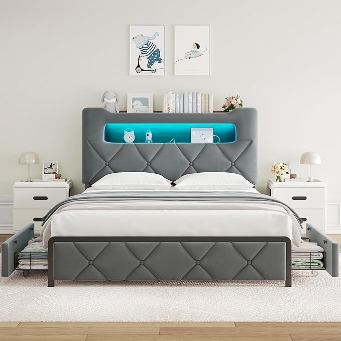 Full Upholstered LED Bed Frame with 2 Storage Drawers and 2-Tier Storage Headboard, Velvet Platform Bed with Charging Station & Bookcase, Heavy Duty Metal Support, No Box Spring Needed, Grey
