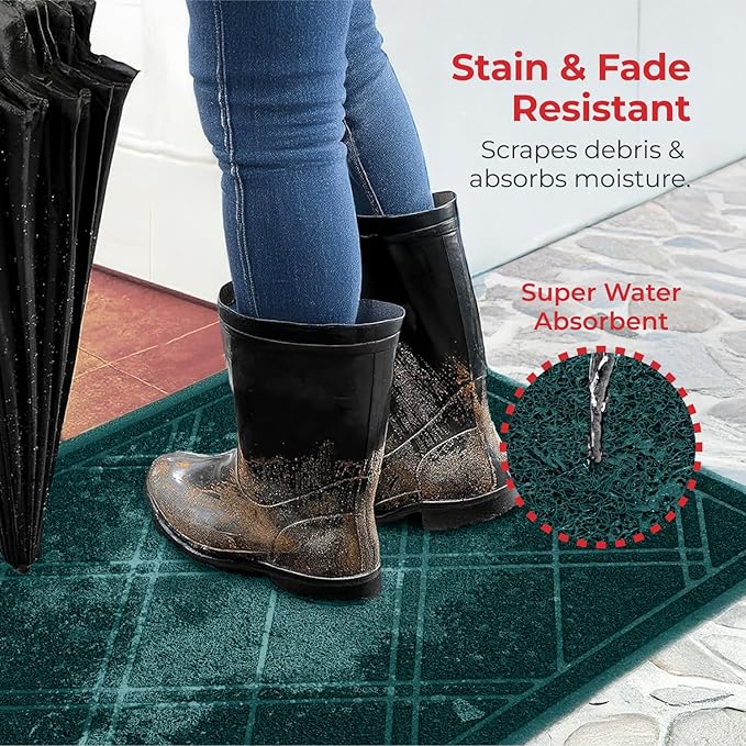 SlipToGrip Entryway Mat for Indoor Outdoor Use - No-Slip Front Doormat for Outside Entrance - 42 x 35 Inch Washable Outdoor Mat with Green Plaid Design for Porch, Garage, and Patio