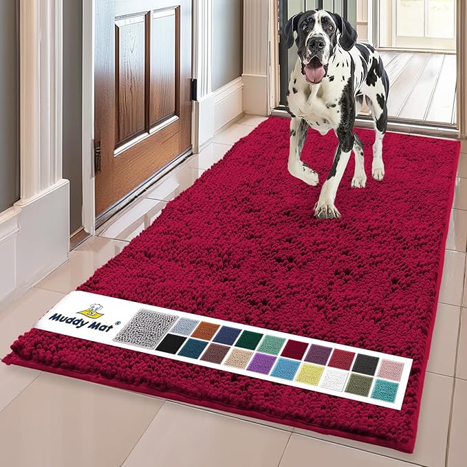 Muddy Mat® | Super Absorbent Door Mat Indoor, Microfiber Quick Dry Chenille Entryway Rug, Non-Slip Front Door Mat, Indoor Mats for Entryway, Machine Washable Pet Rug, Maroon 36" x 120"