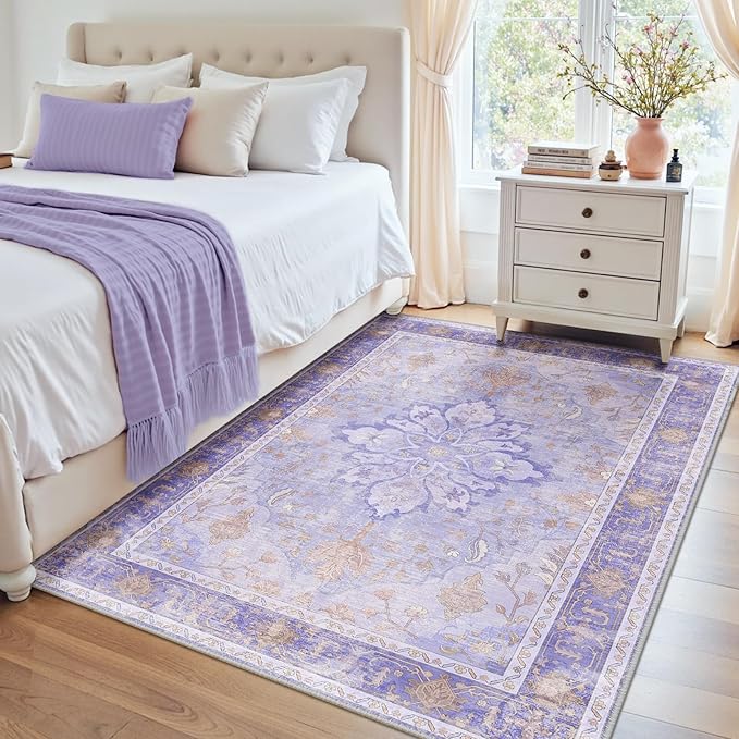 Area Rugs 4'x6' Washable Non-Slip, Floral Vintage Distress Print Pattern Medallion Carpet for Living Room Bedroom Dining Room, Light Purple Brown