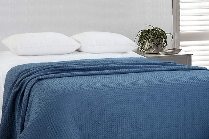 HILLFAIR 100% Combed Cotton Blanket–102x108 Inch California King Size Bed Blankets– Warm Soft All Season Breathable Blankets– Extra Large Oversized California King Blanket- Navy Blue Cotton Blankets