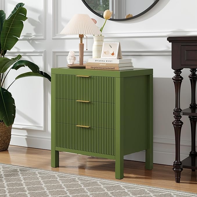 End Table with Storage, Wooden Farmhouse Nightstands with 6 Drawers, Bedside Table - Boho Tall Side Table Accent for Bedroom, Living Room, Green X2