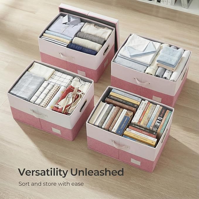 PRANDOM Collapsible Storage Bins with Lids [3-Pack] Linen Fabric Foldable Storage Boxes Organizer Containers Baskets Cubes with Cover for Bedroom Closet Nursery Pink&White (23.4X15.9X11.4)