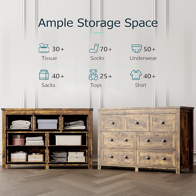 Dresser for Bedroom with 7 Drawers, Farmhouse Wood Chest of Drawers, Wide TV Stand Closet Storage Furniture with Metal Handle, Modern Clothes Organizer for Hallway, Living Room, Entryway, Brown