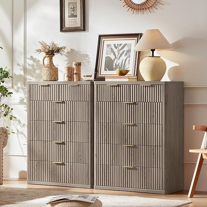 LEYAOYAO Fluted 6 Drawers Dresser for Bedroom, 42" Tall Modern Chest of Drawers with Metal Handle, Curved Profile Design,Grey Wood Drawer Organizer for Bedroom, Living Room, Hallway, Entryway