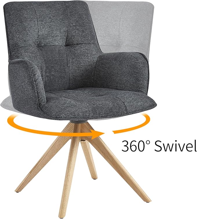 Art Leon Swivel Office Chair - Mid Century Modern Desk Chair No Wheels, Fabric Upholstered Accent Chair with Oak Wood Legs for Small Space Living Room Bedroom, Set of 2, Dark Gray
