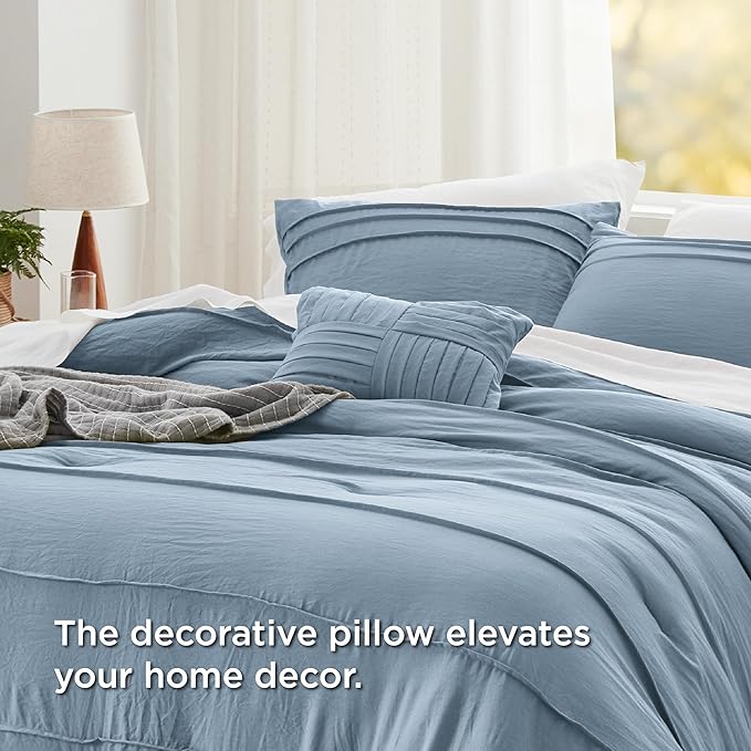 Bedsure Queen Comforter Set - 4 Pieces Pinch Pleat Bed Set, Light Blue Boho Bedding for All Season, 1 Soft Comforter, 2 Pillowcases, 1 Decorative Pillow