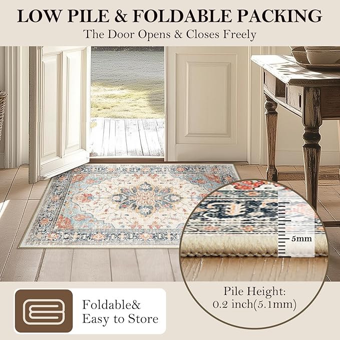 Area Rugs Square 4ft Washable Non-Slip, Floral Vintage Distress Print Pattern Medallion Carpet for Living Room Bedroom Dining Room, Beige Navy Blue Orange Colorful