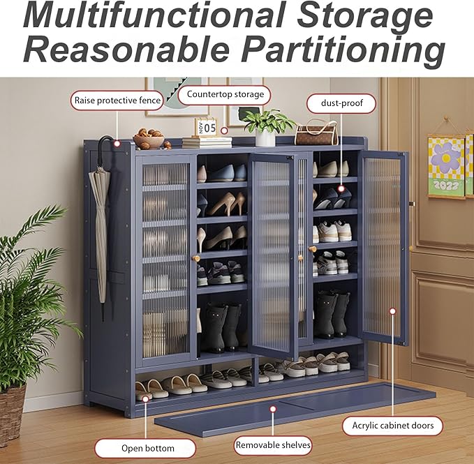 Bamboo Shoe Cabinet, 36-40 Pairs 8 Tier Shoe Rack with Doors, Freestangding Shoe Cabinet Organizer with Shelves, 43" Tall Shoe Rack Organizer for Entryway, Closet, Hallway