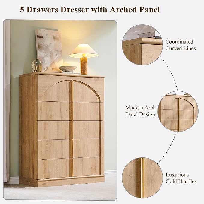 ACCOHOHO Modern 5 Drawers Dresser for Bedroom with Arched Panel,44" Tall Dresser for Closet with Metal Handles,Push-to-Open Wood Storage Closet Dressers Tv Stand for Living Room, Hallway,Natural Oak