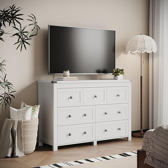 Dresser for Bedroom with 7 Drawers, Farmhouse Wood Chest of Drawers, Wide TV Stand Closet Storage Furniture with Metal Handle, Modern Clothes Organizer for Hallway, Living Room, Entryway, White